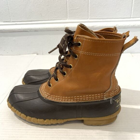 Bean Boots By LL Bean Mens 7 Womens 9 Rubber Duck Brown Gum Leather 6 Eye - Picture 3 of 9